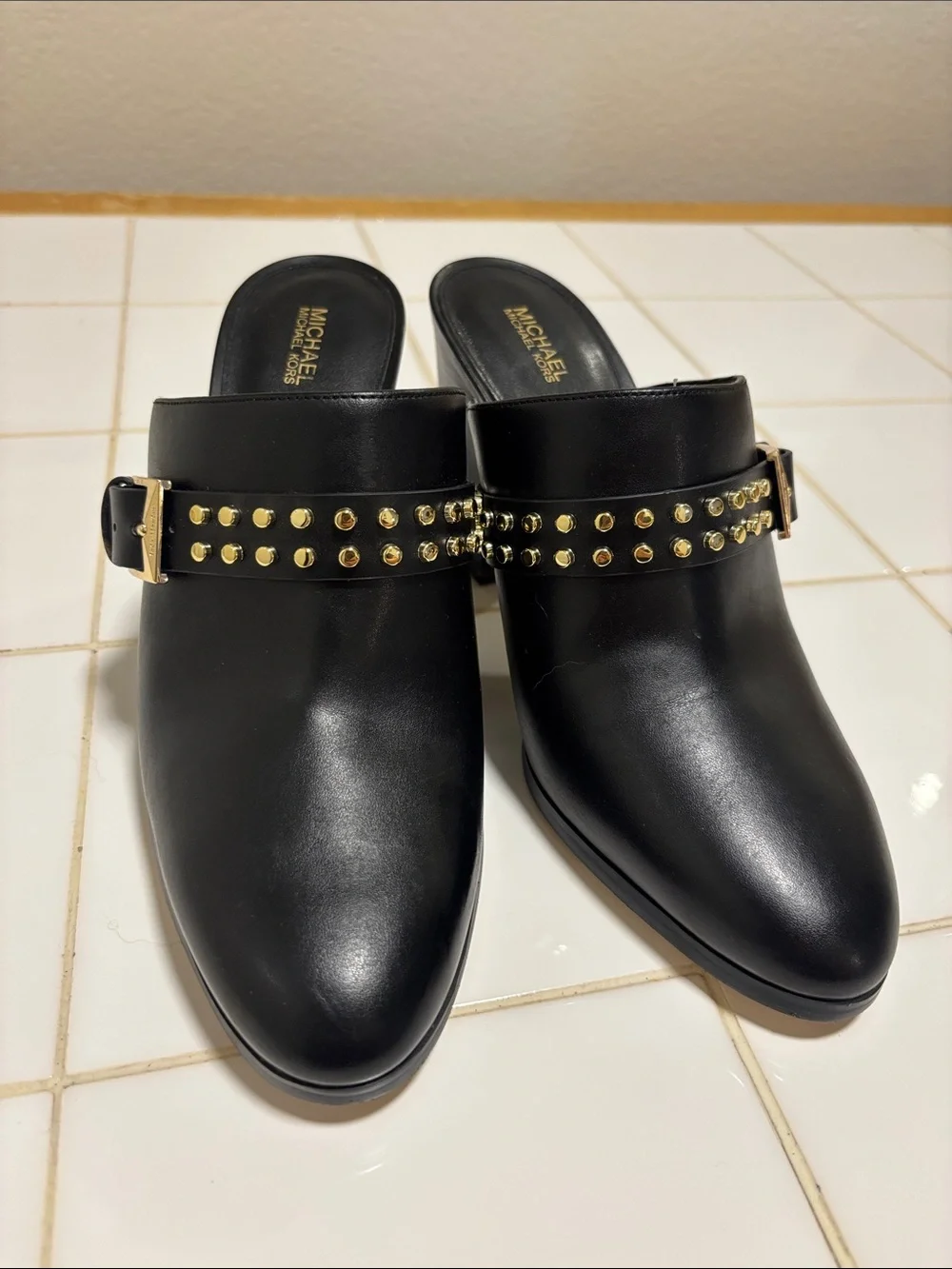 Michael Kors Black Leather Studded Buckle Mule Heels